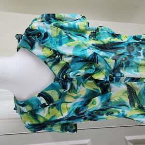 Worthington PL Petite blue green floral print sheer top ruffle detail, so pretty